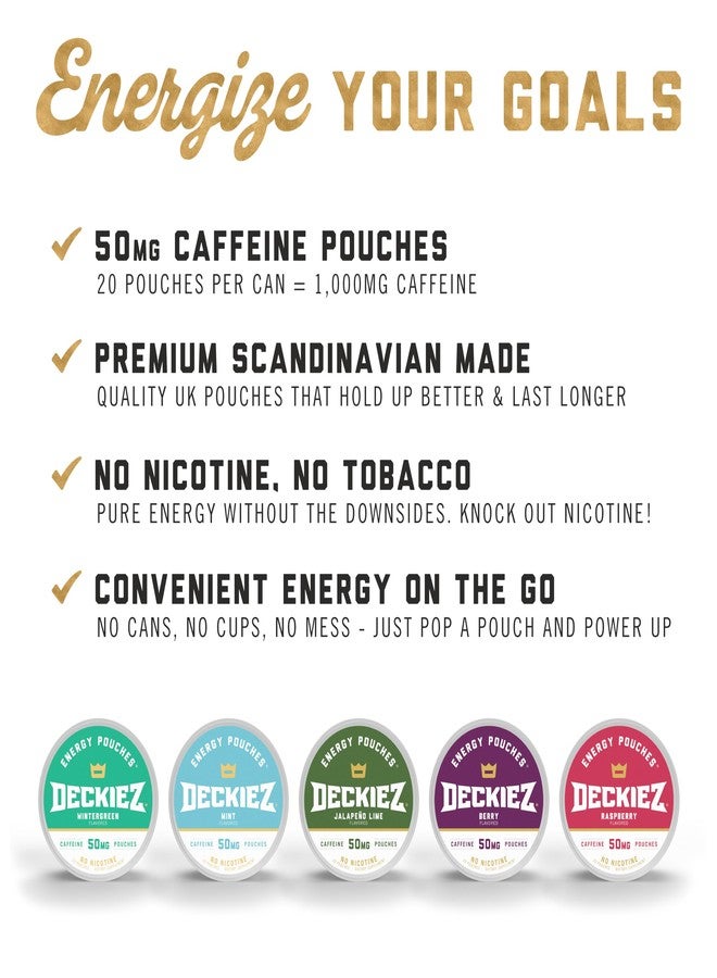 Deckiez Energy Pouches, 5 Cans (100 Pouches), Sugar Free Caffeine Supplement, Coffee Pouches & Energy Drink Alternative, 50mg Caffeine Pouches, 5 Pack Variety Flavors - Image 4